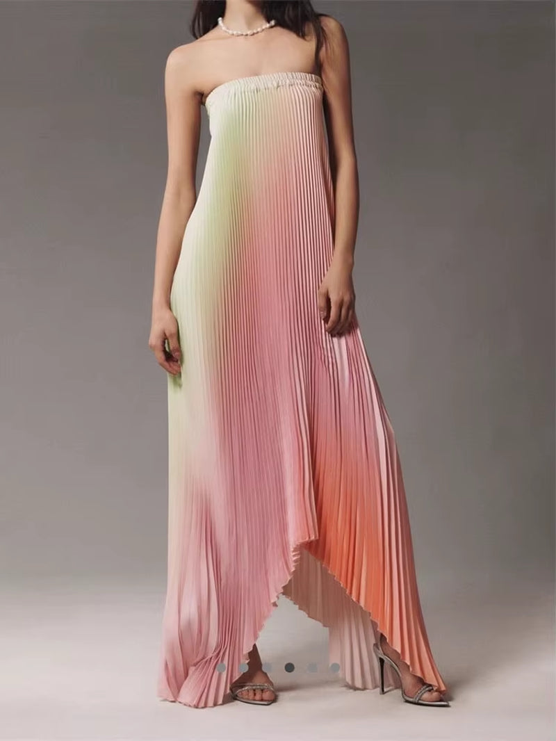 Stunning Strapless A-Line Floor-Length Dress for Women - Elegant Gradient Evening Gown with Backless Design