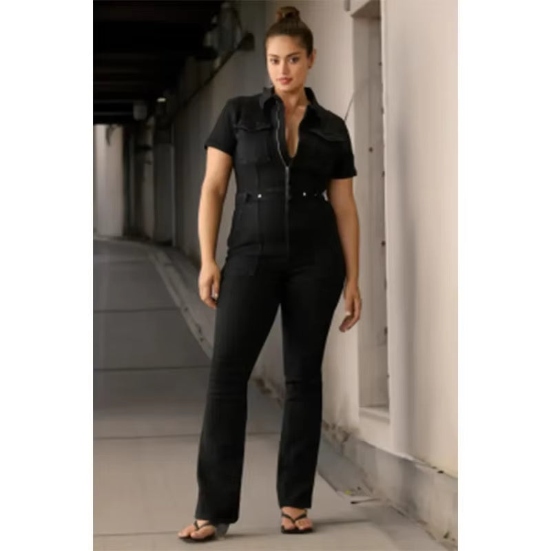 Stylish Plus Size Denim Jumpsuit for Women - Trendy Short Sleeve Overalls with Turn Down Collar