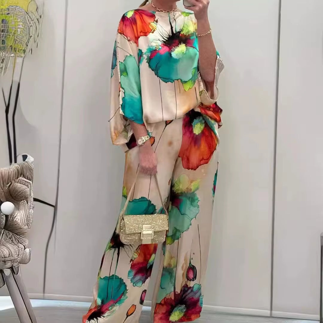Chic Floral Print 2-Piece Set for Women - Elegant Slash Neck Long Sleeve Top & Pants for Office, Parties, and Holidays