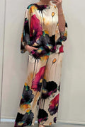 Chic Floral Print 2-Piece Set for Women - Elegant Slash Neck Long Sleeve Top & Pants for Office, Parties, and Holidays