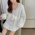 Snuggle Up in Our Vintage White Heart Button Cashmere Cardigan - Perfect for Chic Autumn & Winter Style with Lantern Sleeves!