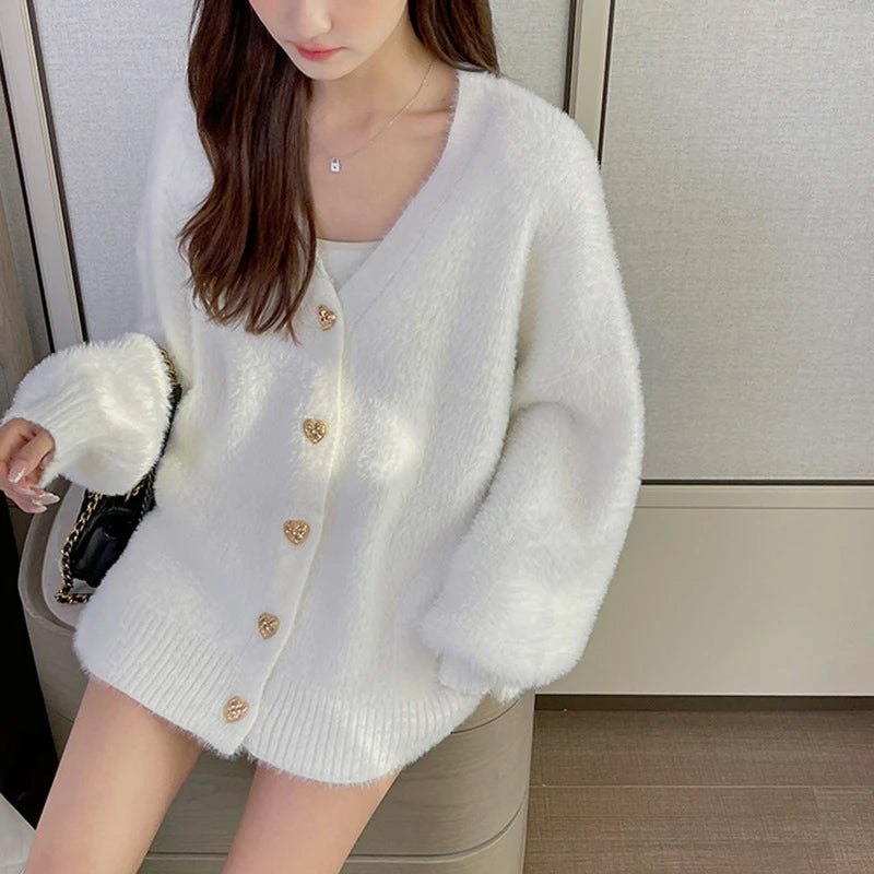 Snuggle Up in Our Vintage White Heart Button Cashmere Cardigan - Perfect for Chic Autumn & Winter Style with Lantern Sleeves!