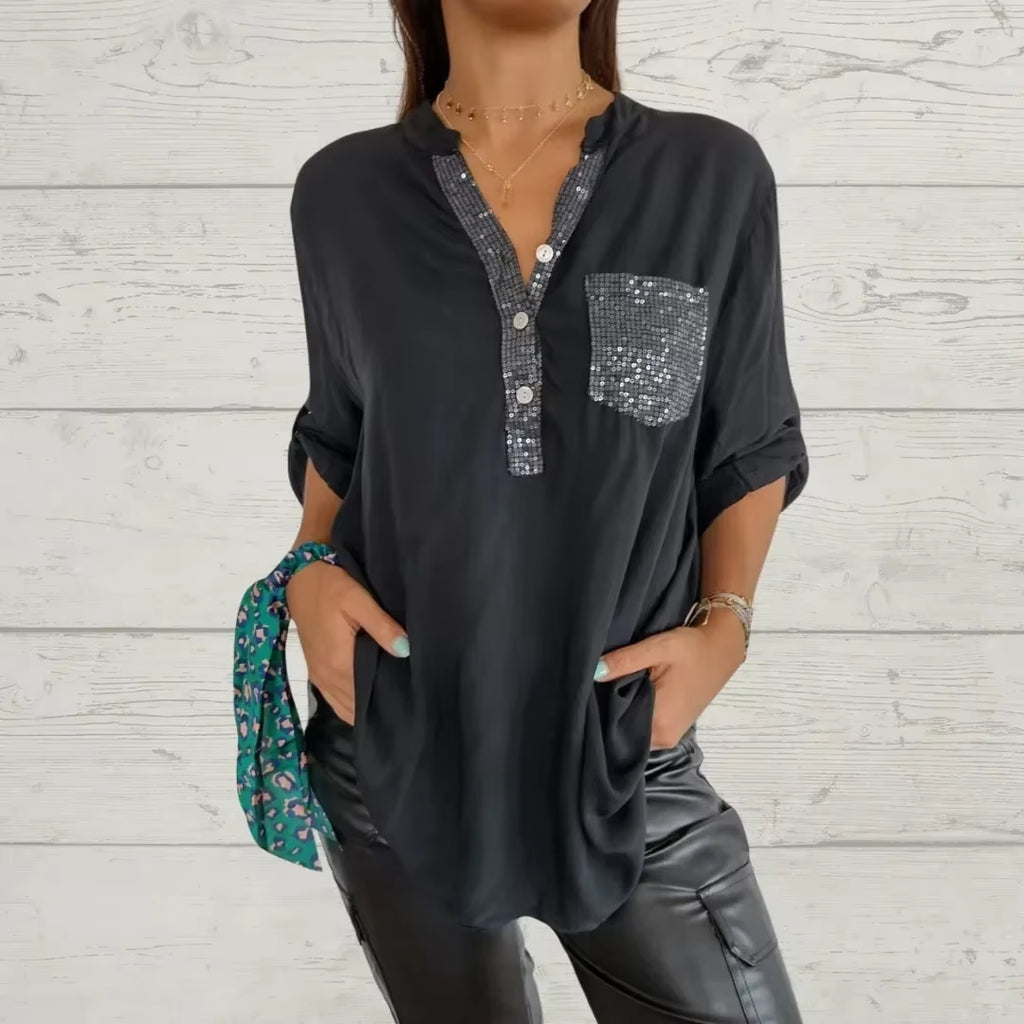Elevate Your Summer Wardrobe with Our Chic V-Neck Sequin Blouse - Stylish, Comfortable, and Functional!
