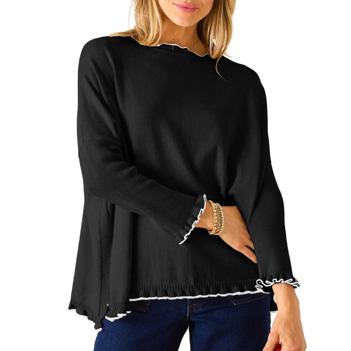 Elevate Your Autumn Wardrobe with the EVALESS Women's Soft Contrast Color Ruffle Hem Knit Top - Cozy and Chic Long Sleeve Pullover Sweater for Back to School