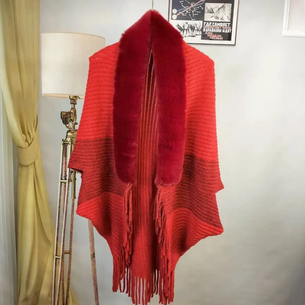 Elevate Your Winter Style with Our Chic Faux Fur Collar Cardigan Cape - Luxurious Plush Knitted Wrap for Ultimate Warmth