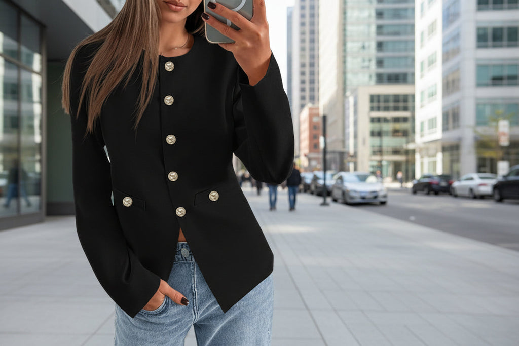 Round Neck Button Cardigan – Long Sleeve Classic Knit Sweater