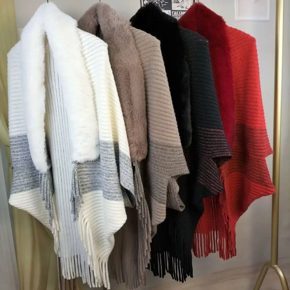 Elevate Your Winter Style with Our Chic Faux Fur Collar Cardigan Cape - Luxurious Plush Knitted Wrap for Ultimate Warmth