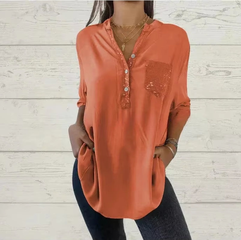Elevate Your Summer Wardrobe with Our Chic V-Neck Sequin Blouse - Stylish, Comfortable, and Functional!
