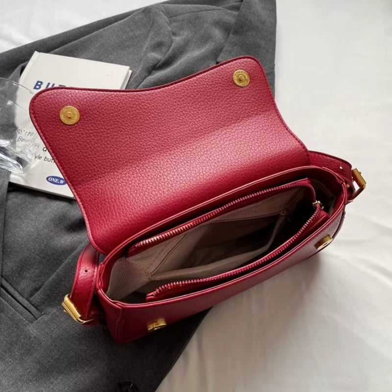 Chic Vintage Red Lychee Pattern PU Leather Crossbody Bag for Women - Stylish Flap Shoulder Satchel Handbag