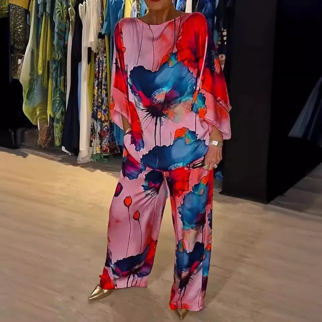 Chic Floral Print 2-Piece Set for Women - Elegant Slash Neck Long Sleeve Top & Pants for Office, Parties, and Holidays
