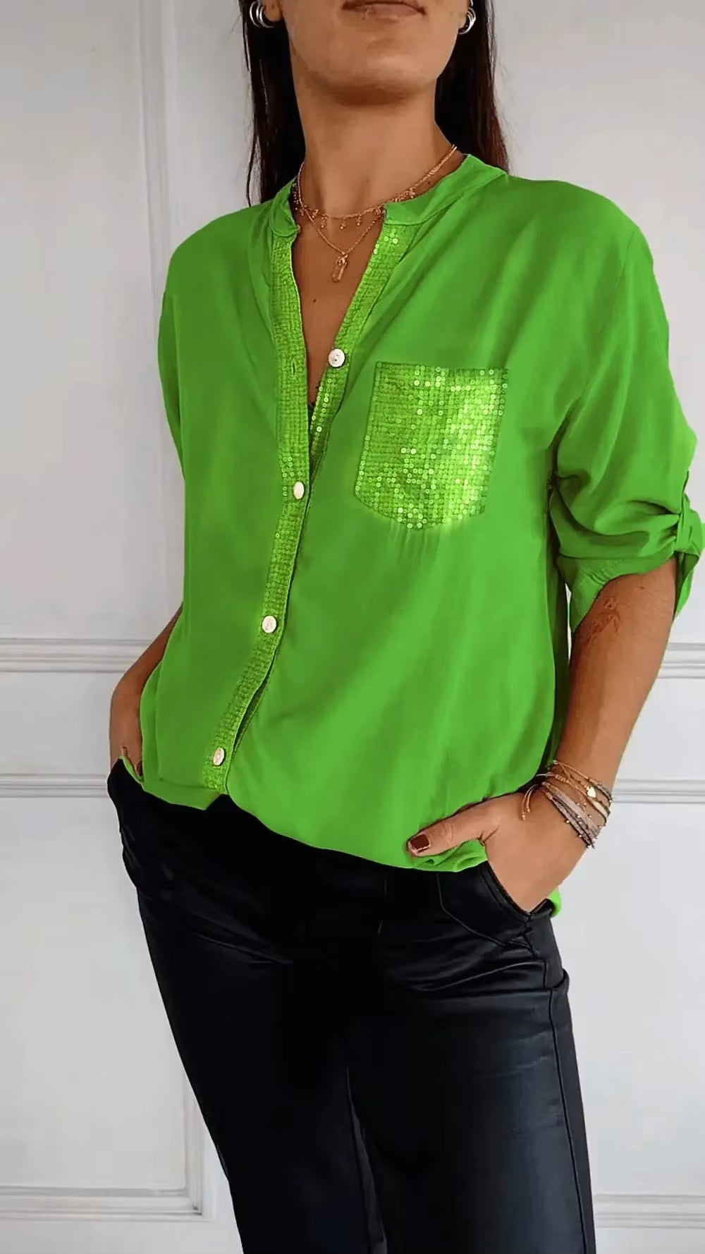 Elevate Your Summer Wardrobe with Our Chic V-Neck Sequin Blouse - Stylish, Comfortable, and Functional!