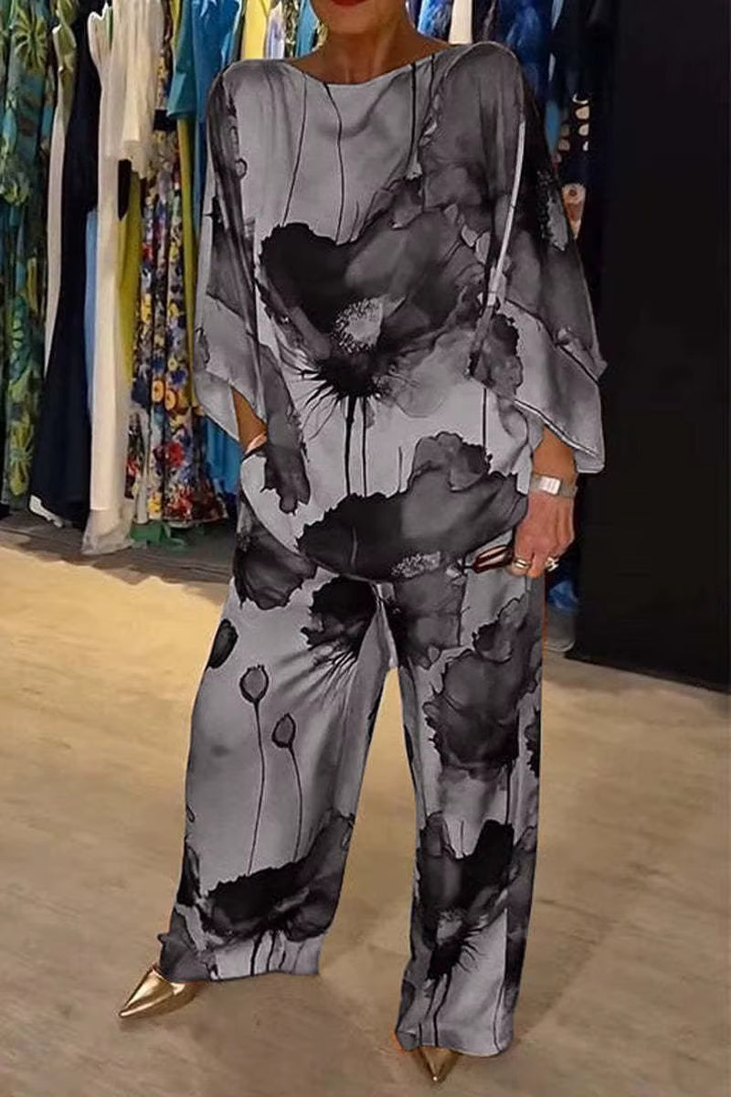 Chic Floral Print 2-Piece Set for Women - Elegant Slash Neck Long Sleeve Top & Pants for Office, Parties, and Holidays