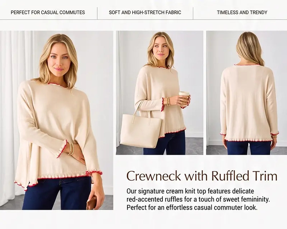 Elevate Your Autumn Wardrobe with the EVALESS Women's Soft Contrast Color Ruffle Hem Knit Top - Cozy and Chic Long Sleeve Pullover Sweater for Back to School