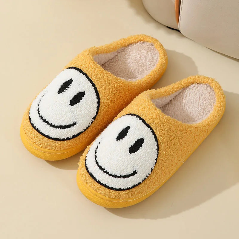 Cute Smiles Women'S Fluffy Slippers Winter Indoor Closed Toe Warm Couple Slippers Woman Non-Slip Flat Heel Fur Home Slides Shoes