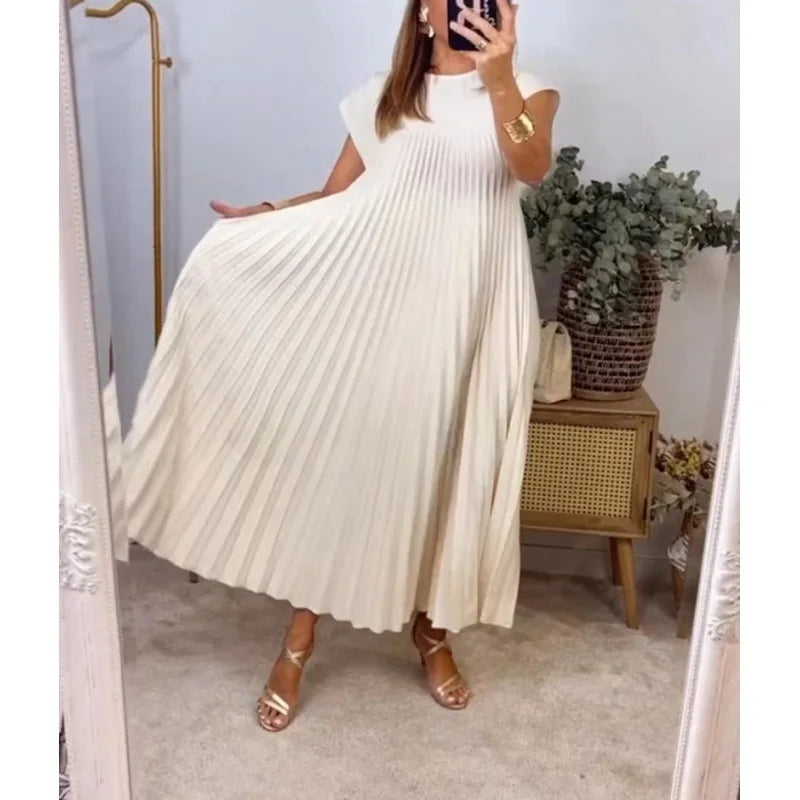 Effortlessly Stylish Summer Pleated O-Neck Dress with Pockets - Ankle-Length Casual Chic for Women