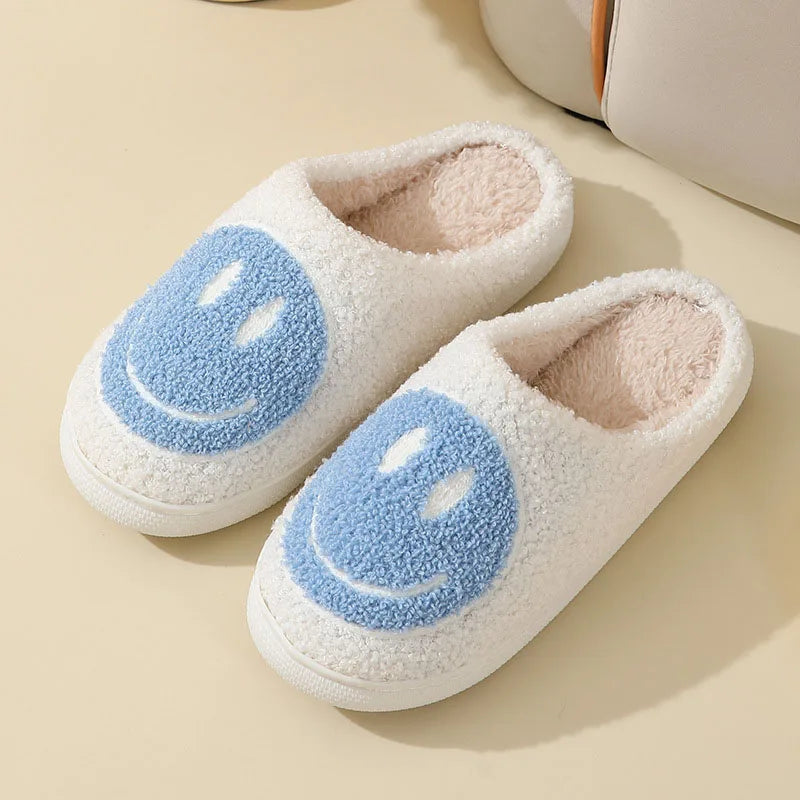 Cute Smiles Women'S Fluffy Slippers Winter Indoor Closed Toe Warm Couple Slippers Woman Non-Slip Flat Heel Fur Home Slides Shoes