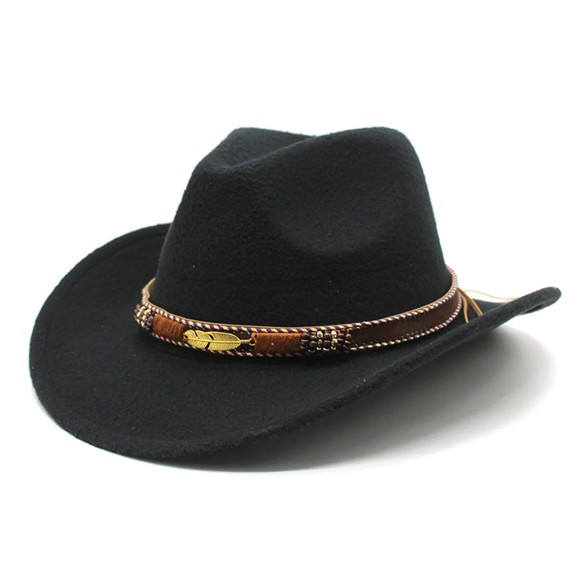 Women Men Wide Brim Floppy Cowboy Hat Western Style Wool Felt Flat Top Cap Classic Vintage Bowler Hat Party