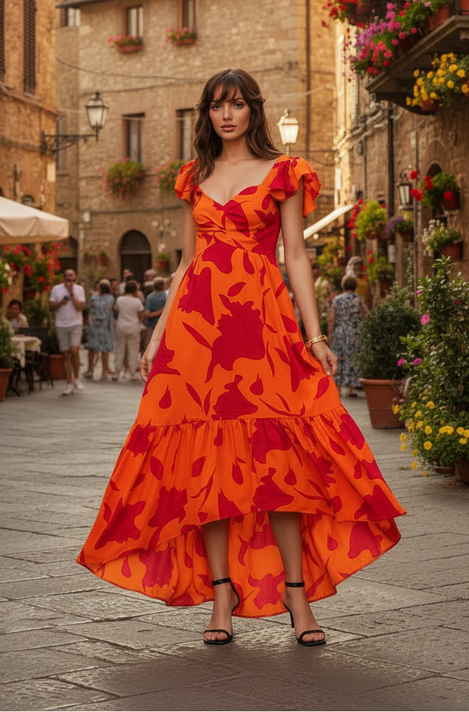 Vibrant Fire Floral High Low Maxi Dress