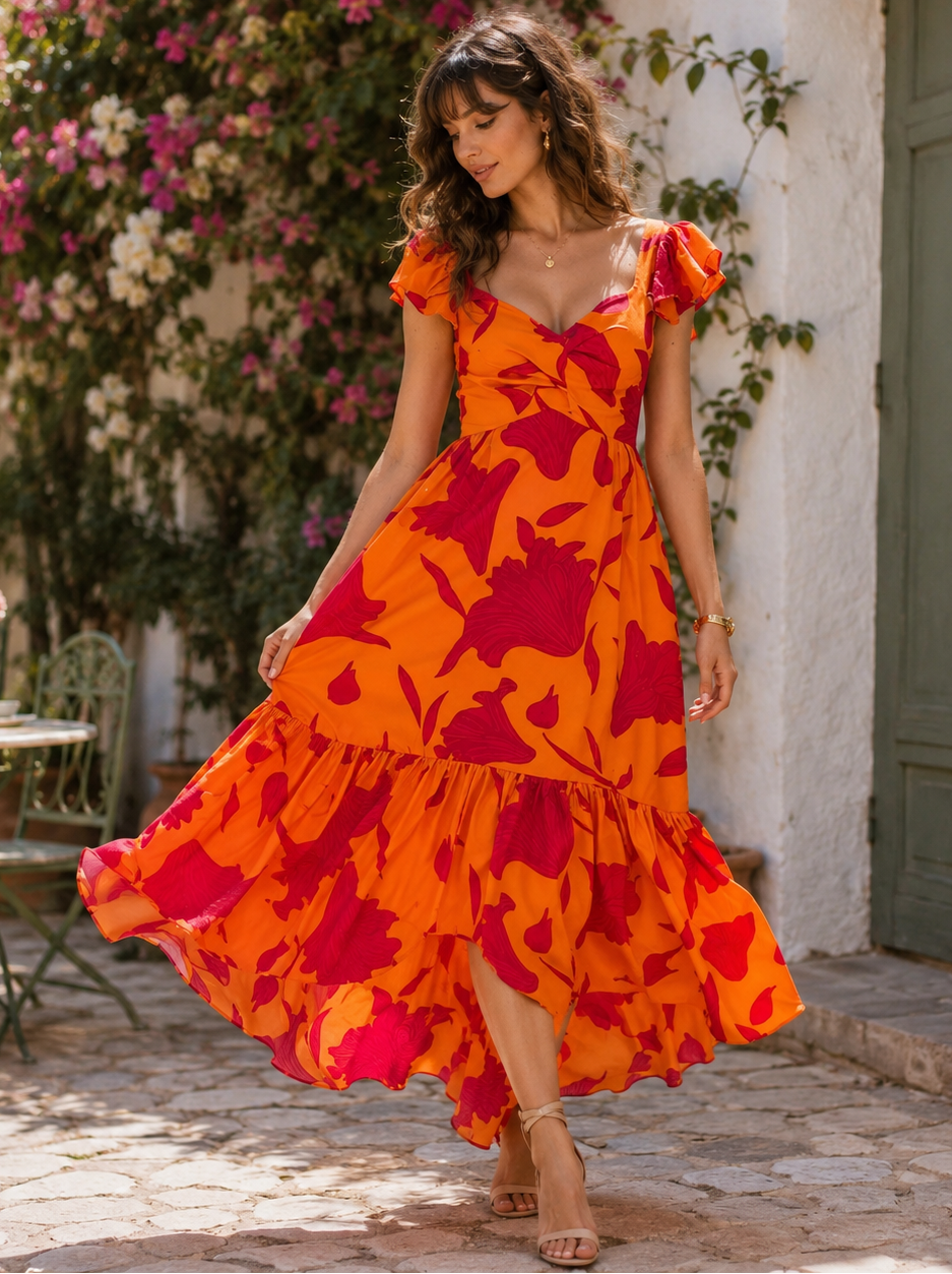 Vibrant Fire Floral High Low Maxi Dress