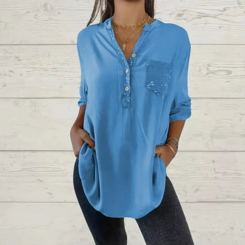 Elevate Your Summer Wardrobe with Our Chic V-Neck Sequin Blouse - Stylish, Comfortable, and Functional!