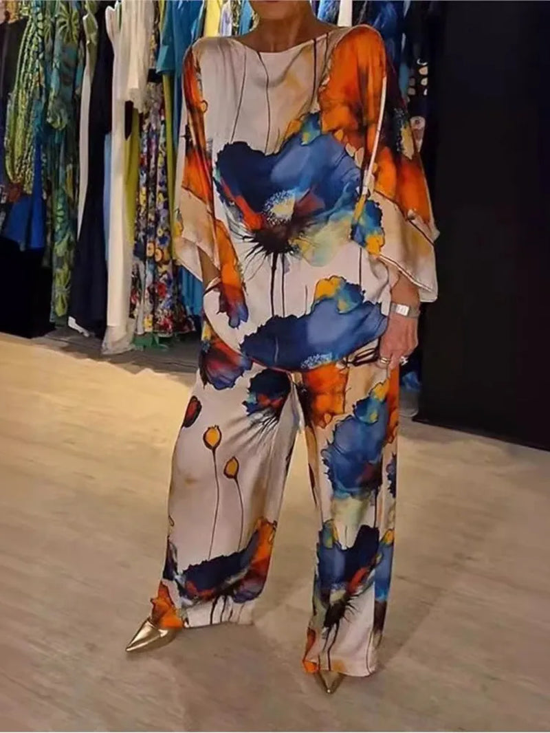 Chic Floral Print 2-Piece Set for Women - Elegant Slash Neck Long Sleeve Top & Pants for Office, Parties, and Holidays