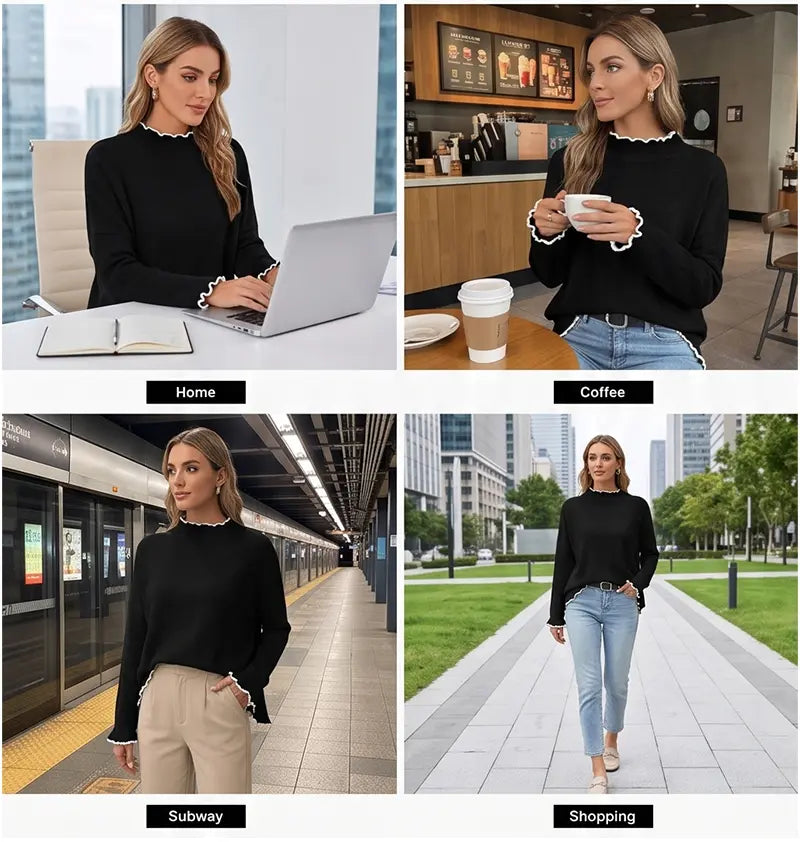 Elevate Your Autumn Wardrobe with the EVALESS Women's Soft Contrast Color Ruffle Hem Knit Top - Cozy and Chic Long Sleeve Pullover Sweater for Back to School
