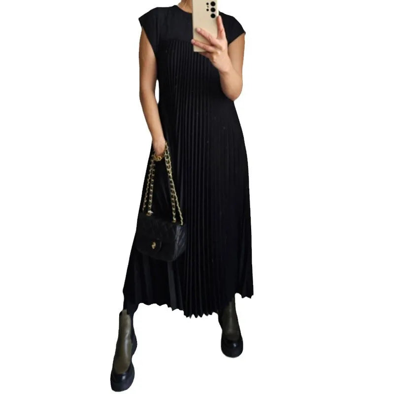 Effortlessly Stylish Summer Pleated O-Neck Dress with Pockets - Ankle-Length Casual Chic for Women