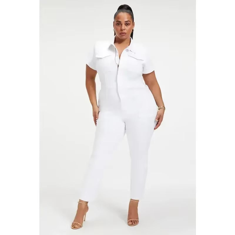 Stylish Plus Size Denim Jumpsuit for Women - Trendy Short Sleeve Overalls with Turn Down Collar