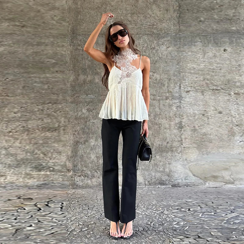 Women's Lace Inset Camisole Top with Slim Straps and Ruffled Hem in Ornate Pattern for Casual Wear