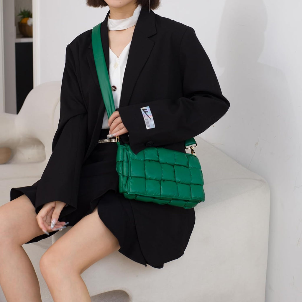 Stylish Puffer Woven Crossbody Bag for Women - Quilted Hobo Shoulder Purse with Adjustable Strap