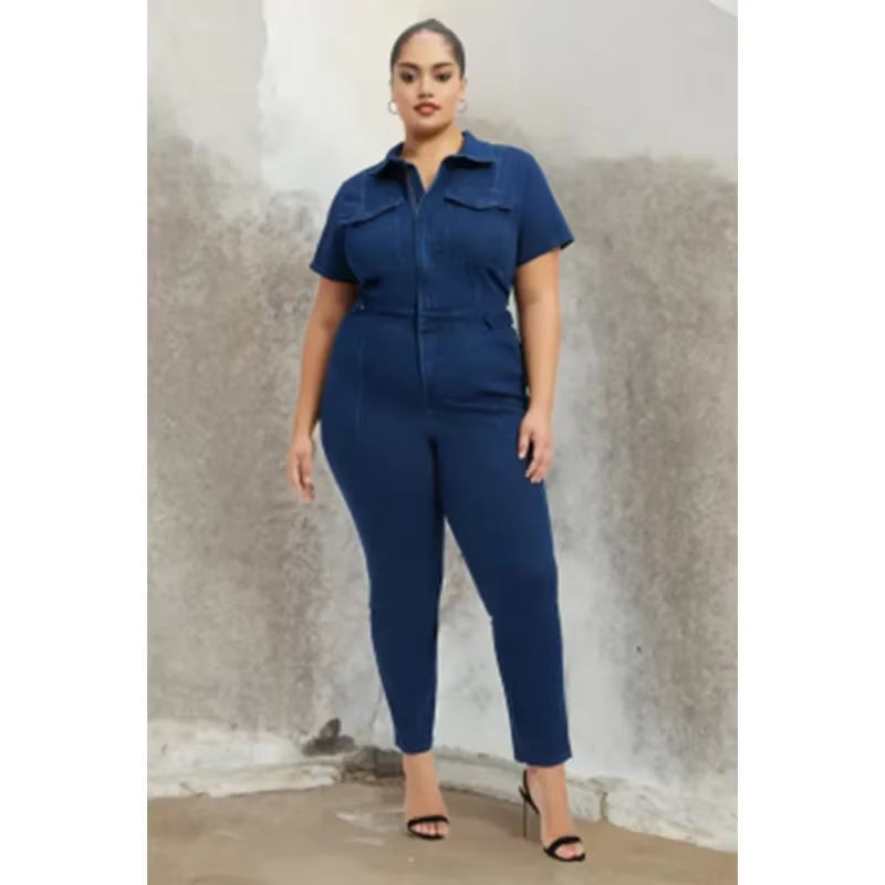 Stylish Plus Size Denim Jumpsuit for Women - Trendy Short Sleeve Overalls with Turn Down Collar
