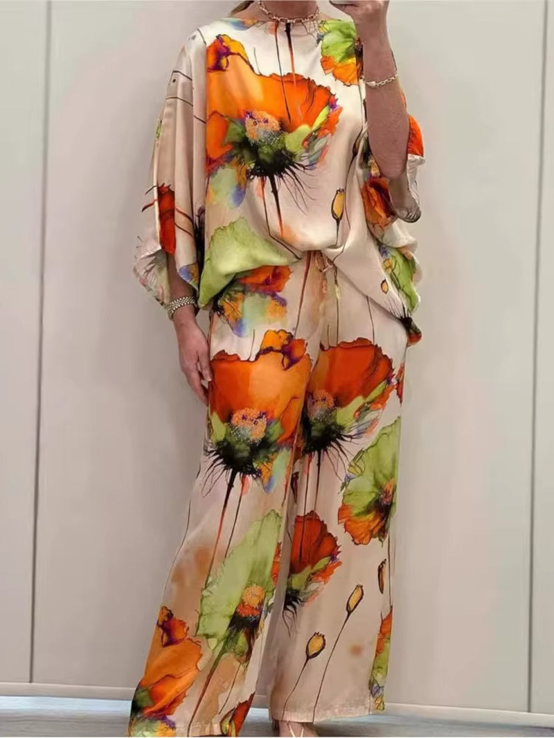 Chic Floral Print 2-Piece Set for Women - Elegant Slash Neck Long Sleeve Top & Pants for Office, Parties, and Holidays