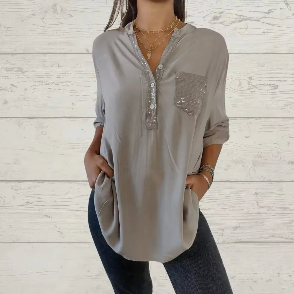 Elevate Your Summer Wardrobe with Our Chic V-Neck Sequin Blouse - Stylish, Comfortable, and Functional!