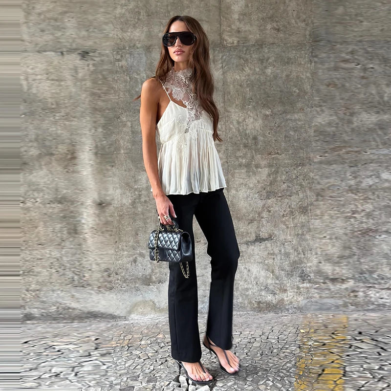 Women's Lace Inset Camisole Top with Slim Straps and Ruffled Hem in Ornate Pattern for Casual Wear