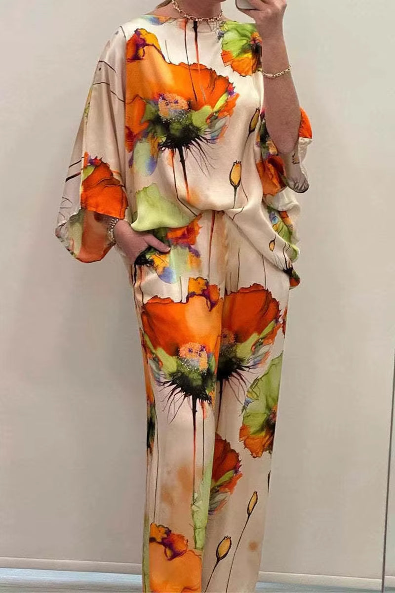 Chic Floral Print 2-Piece Set for Women - Elegant Slash Neck Long Sleeve Top & Pants for Office, Parties, and Holidays