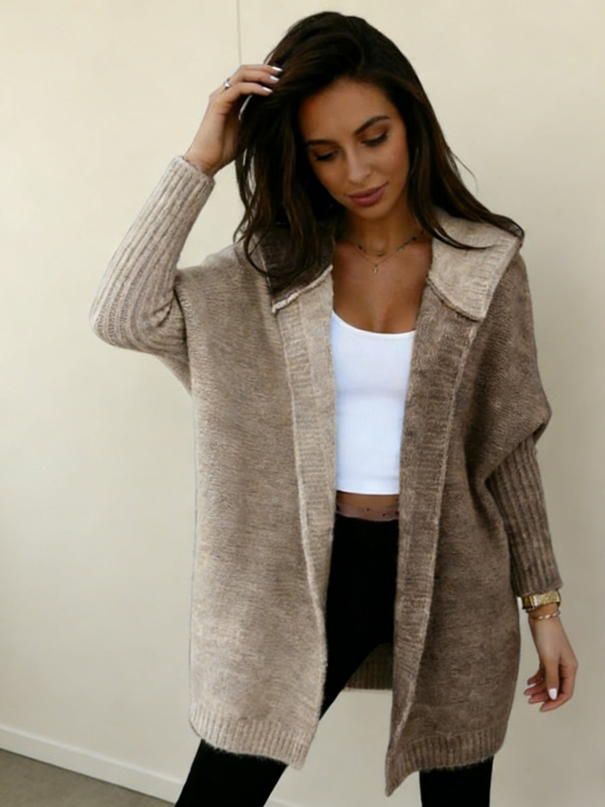 Block Hooded Knitted Cardigan – Plus Size Mid-Length Sweater Coat