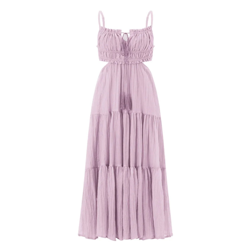 Bohemian Summer Flowy A-Line Dress with Spaghetti Straps & Ruffle Backless Design - Perfect for Parties and Holidays!