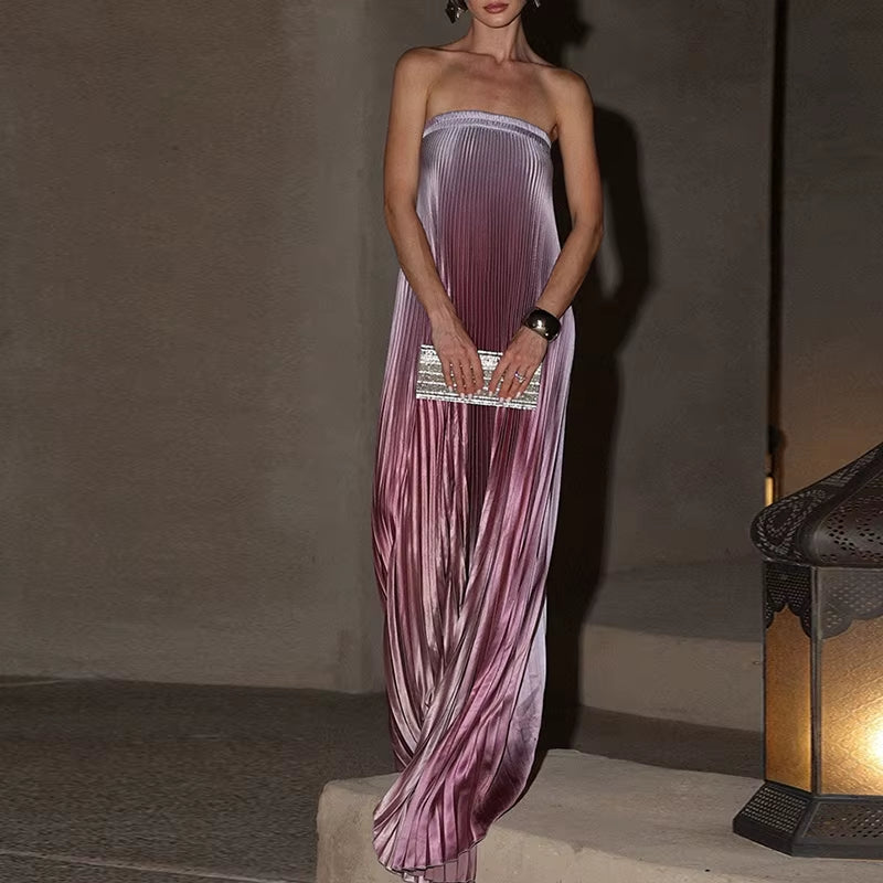 Stunning Strapless A-Line Floor-Length Dress for Women - Elegant Gradient Evening Gown with Backless Design