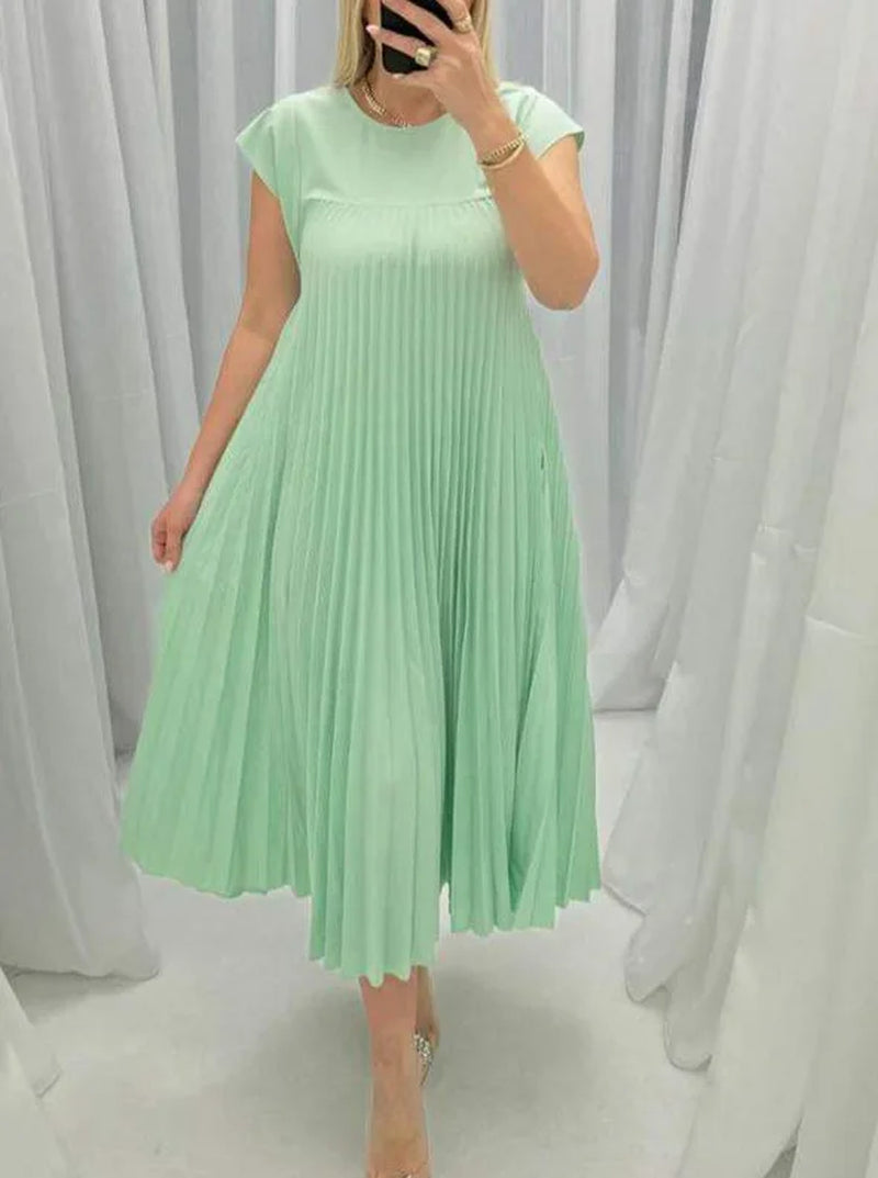 Effortlessly Stylish Summer Pleated O-Neck Dress with Pockets - Ankle-Length Casual Chic for Women
