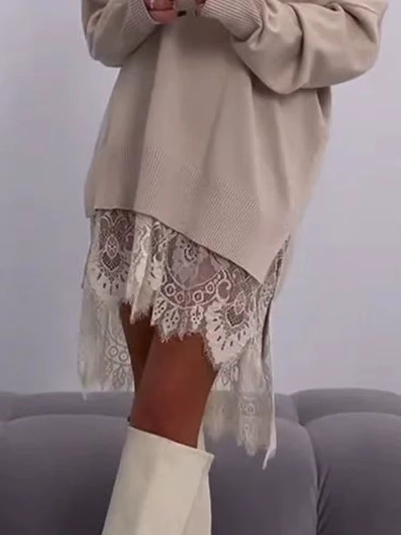 Embrace Autumn Elegance with Our Lace Slit Mid-Length Sweatshirt – Your Go-To Casual Streetwear!