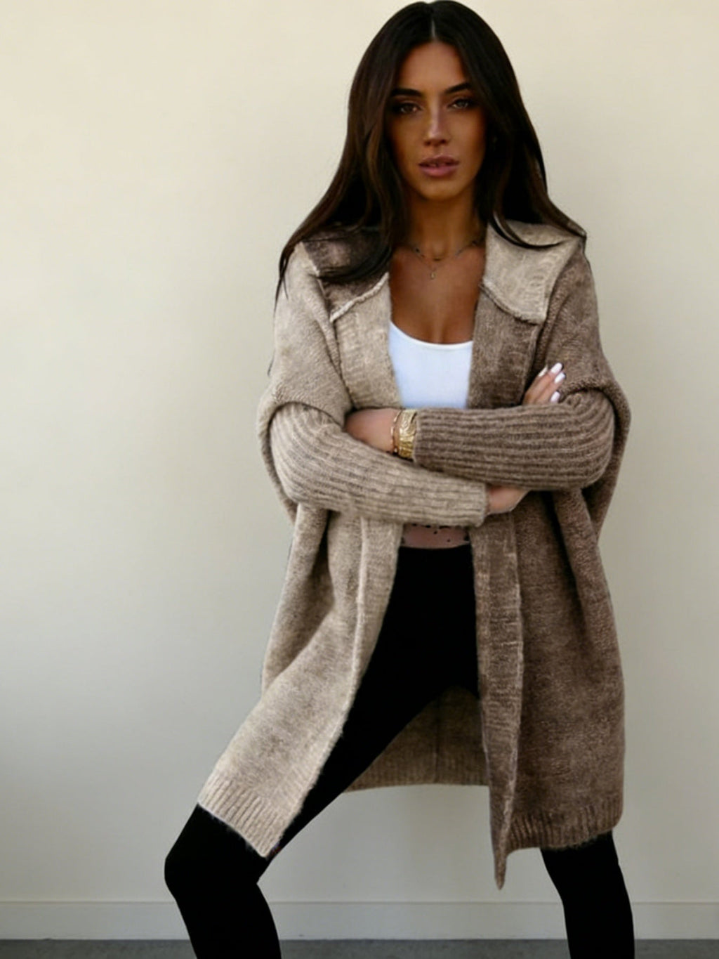 Block Hooded Knitted Cardigan – Plus Size Mid-Length Sweater Coat