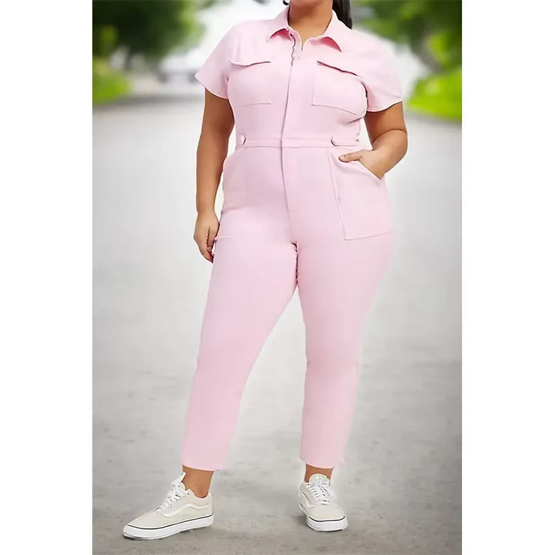 Stylish Plus Size Denim Jumpsuit for Women - Trendy Short Sleeve Overalls with Turn Down Collar