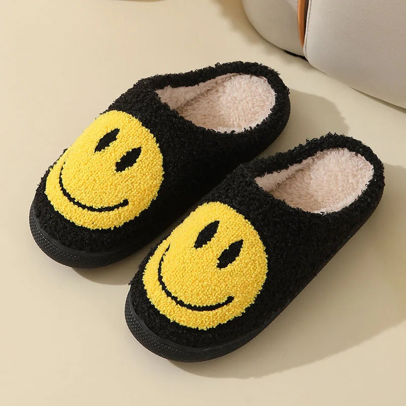 Cute Smiles Women'S Fluffy Slippers Winter Indoor Closed Toe Warm Couple Slippers Woman Non-Slip Flat Heel Fur Home Slides Shoes