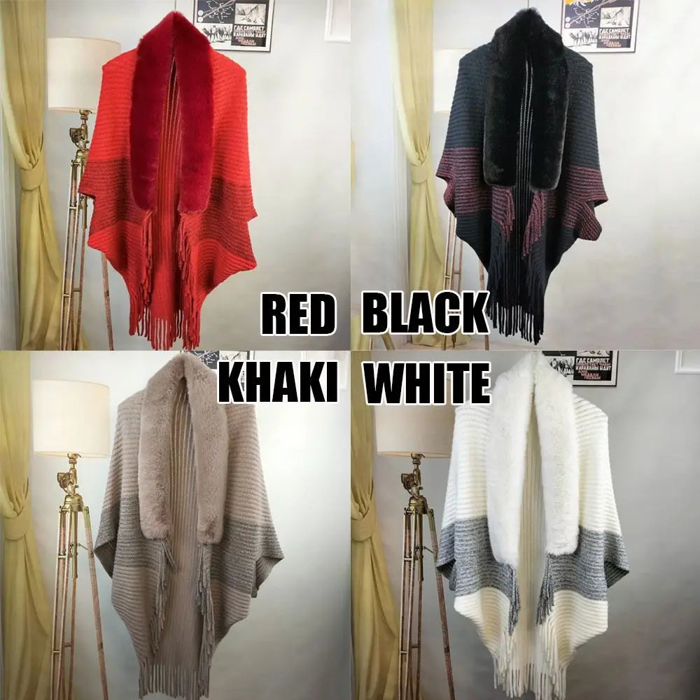 Elevate Your Winter Style with Our Chic Faux Fur Collar Cardigan Cape - Luxurious Plush Knitted Wrap for Ultimate Warmth