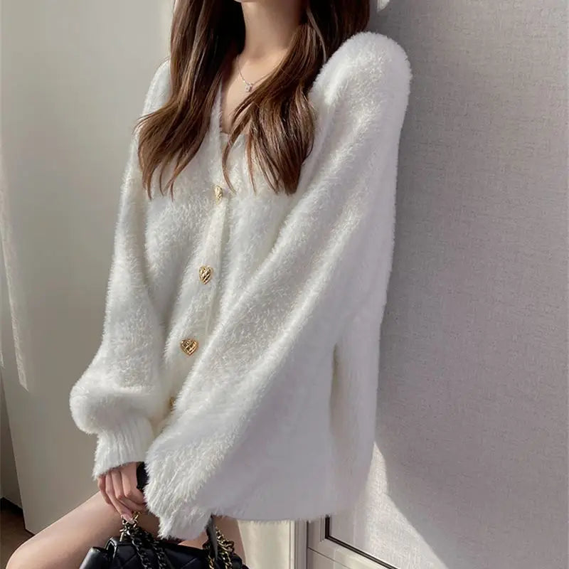 Snuggle Up in Our Vintage White Heart Button Cashmere Cardigan - Perfect for Chic Autumn & Winter Style with Lantern Sleeves!
