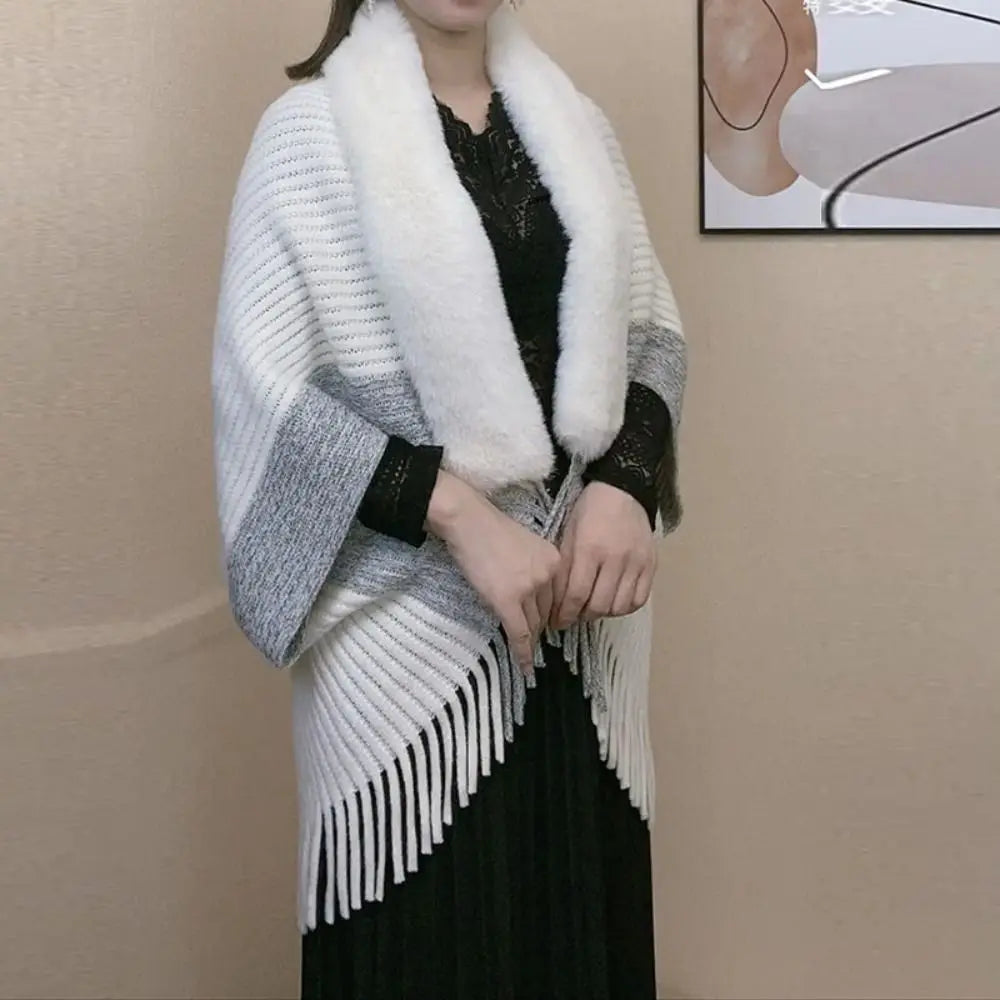 Elevate Your Winter Style with Our Chic Faux Fur Collar Cardigan Cape - Luxurious Plush Knitted Wrap for Ultimate Warmth