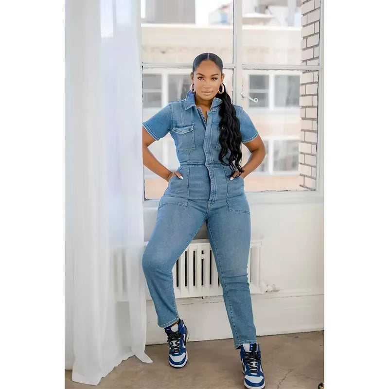 Stylish Plus Size Denim Jumpsuit for Women - Trendy Short Sleeve Overalls with Turn Down Collar