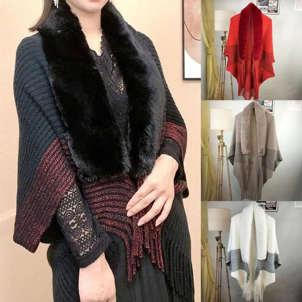 Elevate Your Winter Style with Our Chic Faux Fur Collar Cardigan Cape - Luxurious Plush Knitted Wrap for Ultimate Warmth