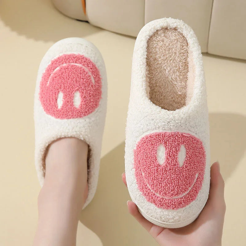 Cute Smiles Women'S Fluffy Slippers Winter Indoor Closed Toe Warm Couple Slippers Woman Non-Slip Flat Heel Fur Home Slides Shoes