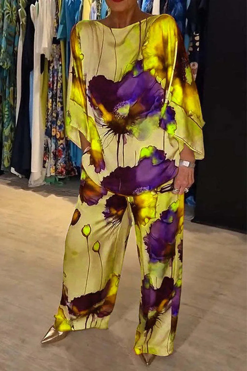 Chic Floral Print 2-Piece Set for Women - Elegant Slash Neck Long Sleeve Top & Pants for Office, Parties, and Holidays